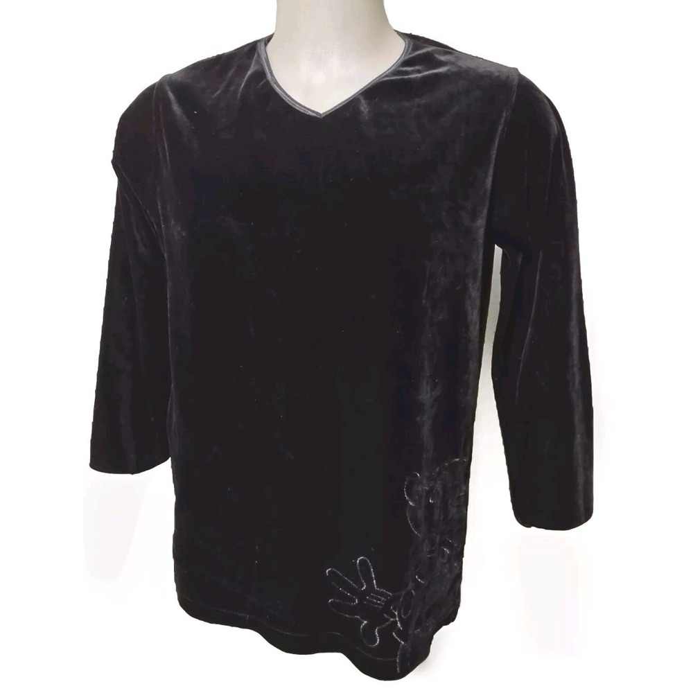 Disney Store Mickey Mouse Top M Women Y2K‎ Goth Core Black Velvet Velour V-neck